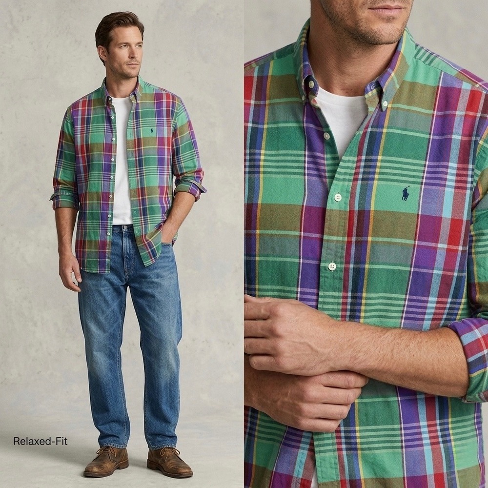 Polo Ralph Lauren Blake Mens XL Plaid Button Down Shirt Green Purple Multi Color